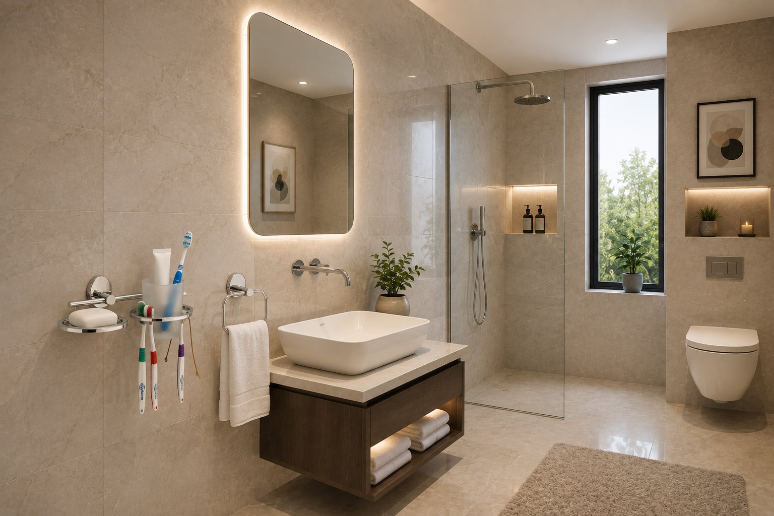 Round backlit mirror with matching bath fittings