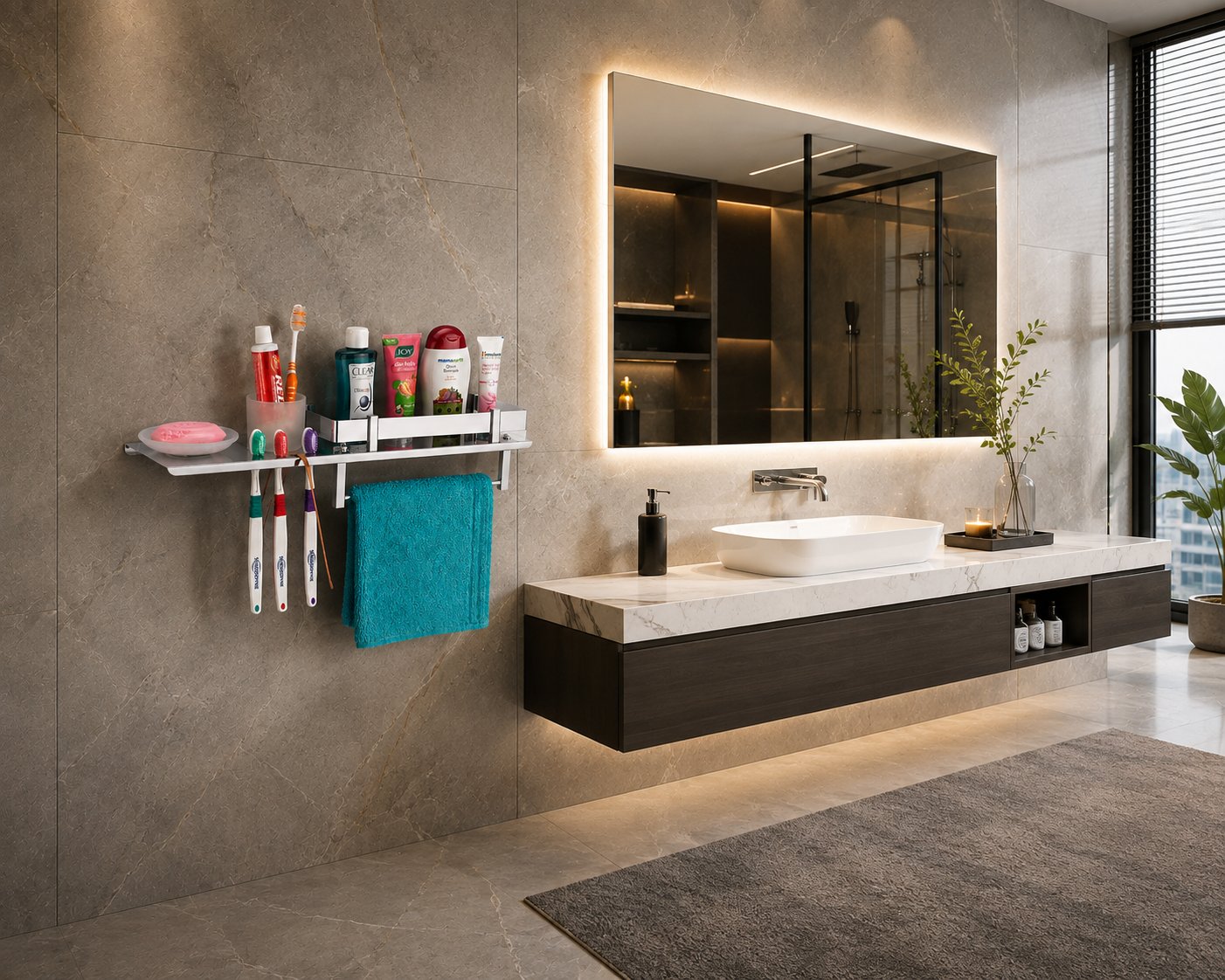 Wall-mounted soap and toothbrush holder set