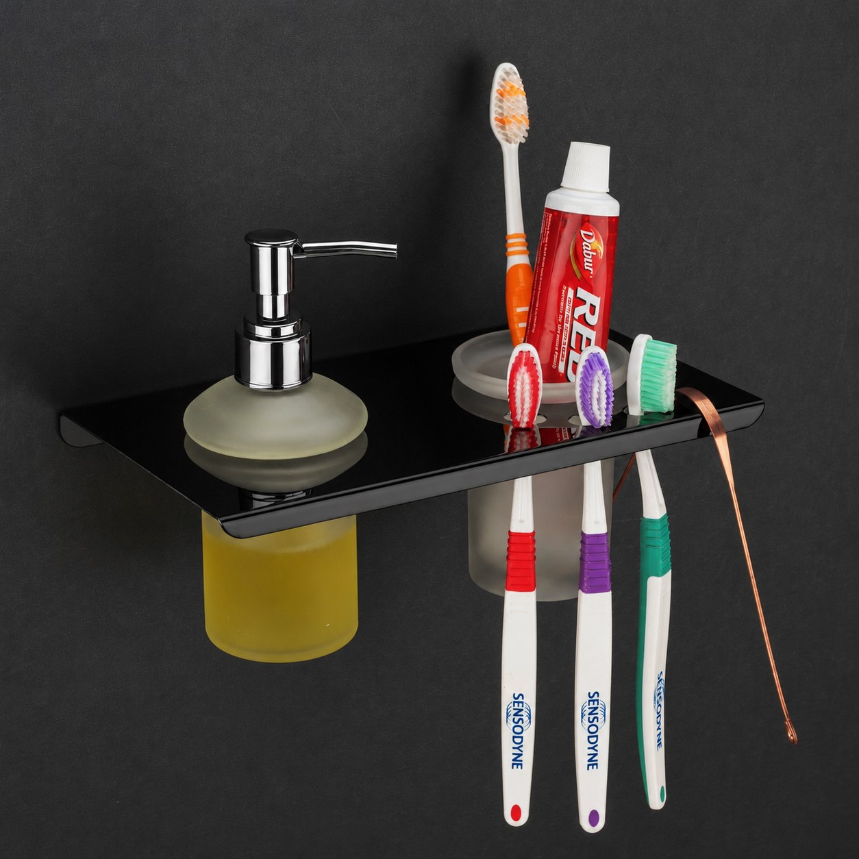 Liquid Dispenser With Tooth Brush Holder - Black