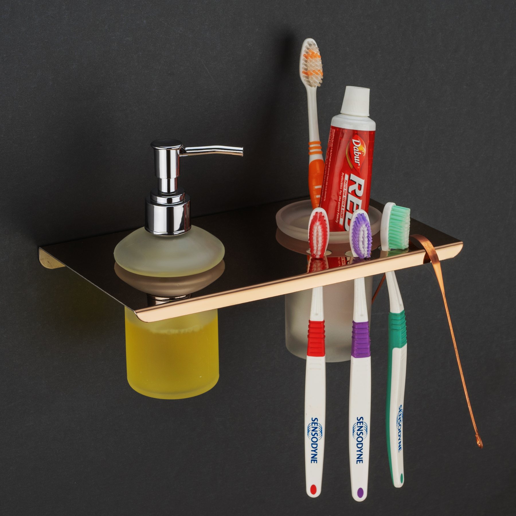 Liquid Dispenser With Tooth Brush Holder - Rose Gold