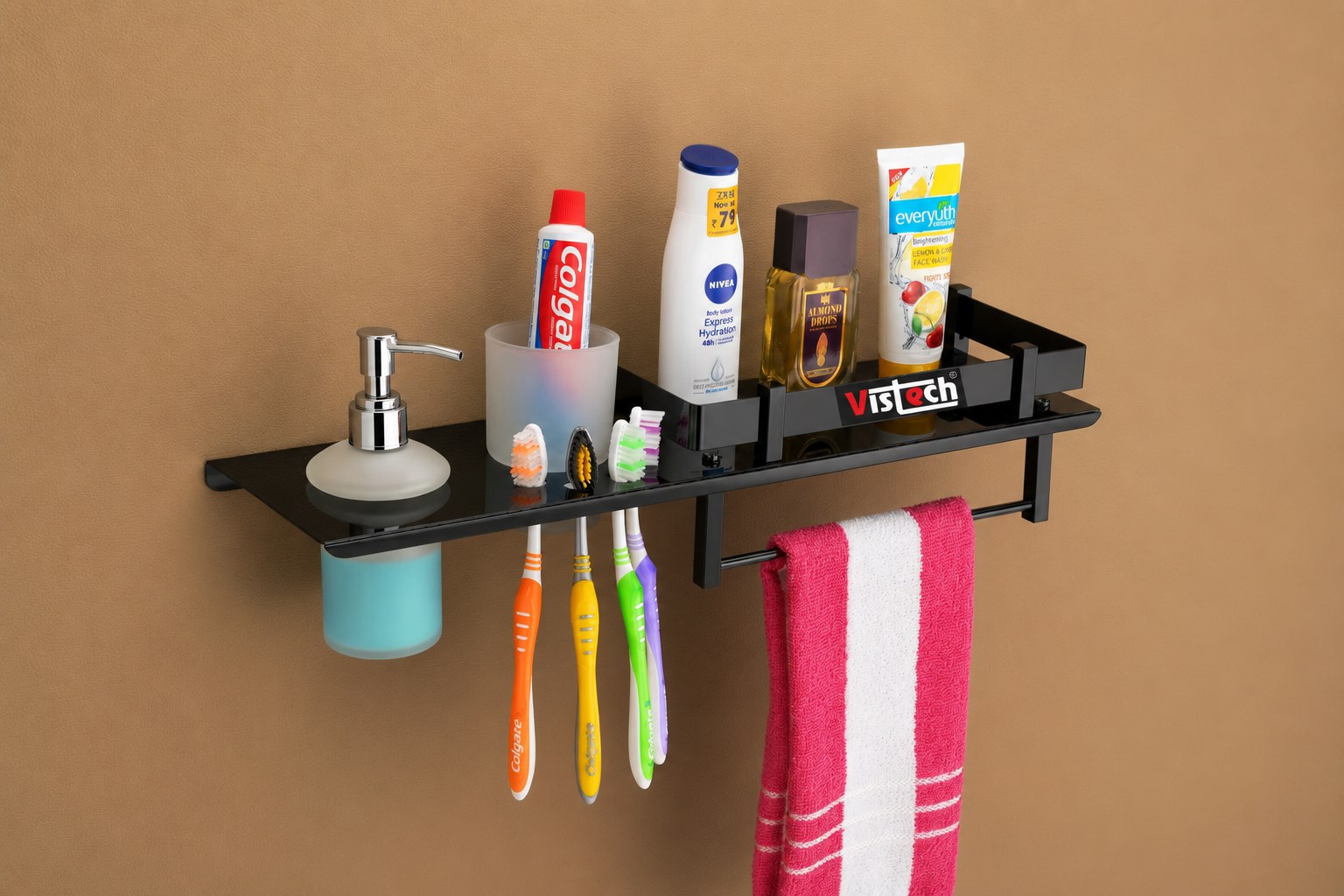 Four In One - Dispenser With Tooth Brush Holder - Black