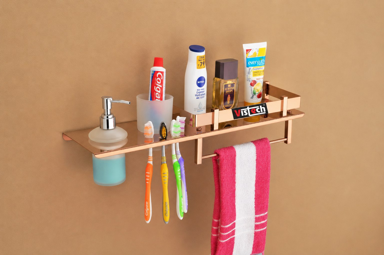 Four In One - Dispenser With Tooth Brush Holder - Rose Gold